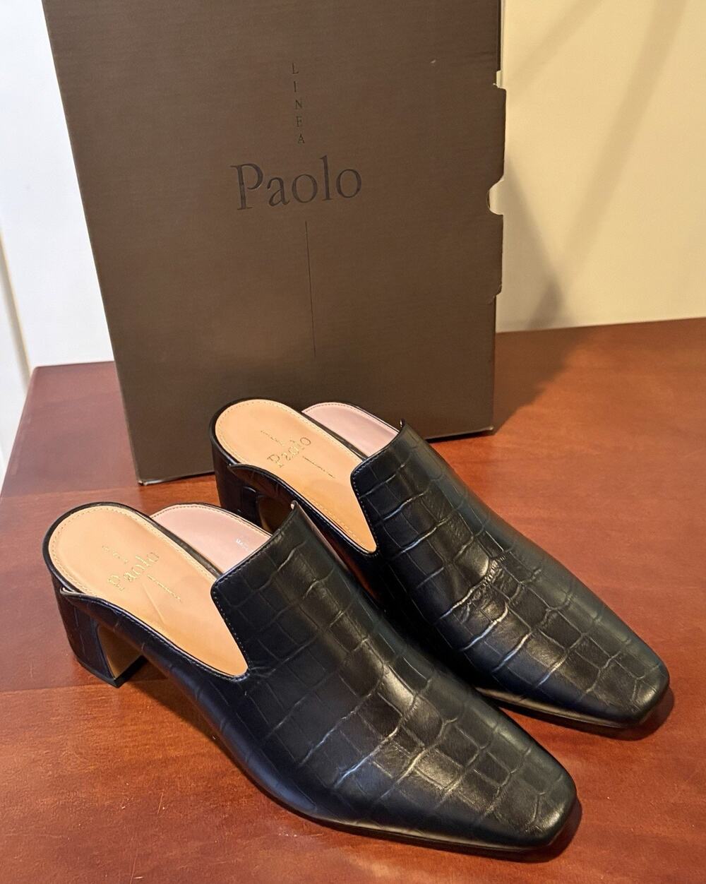 Linea Paolo Women's Black Crocodile Embossed Leather Mule Heels 9M